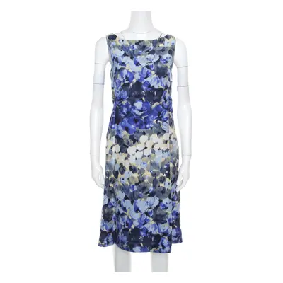 Moschino Blue Floral Printed Linen Silk Bateau Neck Shift Dress