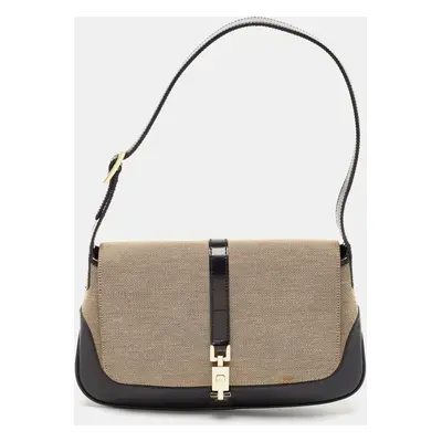 Gucci Black/Beige Canvas and Glossy Leather Jackie Bardot Shoulder Bag