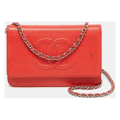 Chanel Orange Caviar Leather Timeless CC Wallet On Chain