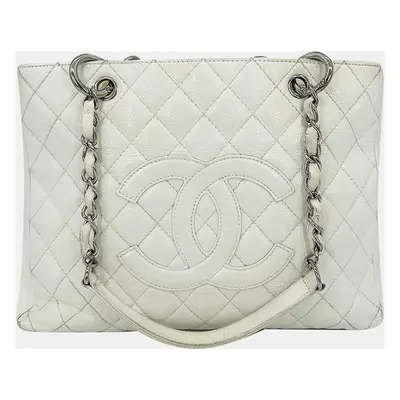 Chanel Quilted White Caviar Grand Shopper Tote