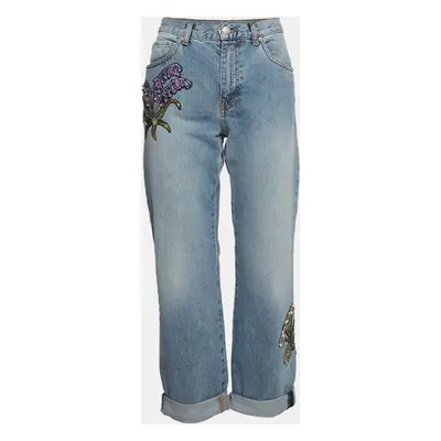 Alexander McQueen Blue Embroidered Floral Denim Boyfriend Jeans Waist 28"