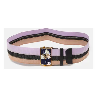 Prada Tricolor Elastic Fabric and Leather Floral Logo Plague Belt 75CM