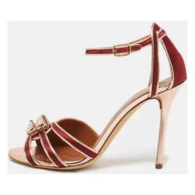 Malone Souliers Burgundy/Gold Leather and Satin Ankle Strap Sandals Size