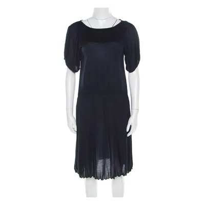 Miu Miu Navy Blue Cotton Jersey Gathered Dress