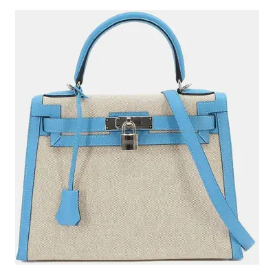 Hermes HERMES Kelly 2way hand shoulder bag Toile ash Swift Ecru Bleu du Nord D engraved Outside 