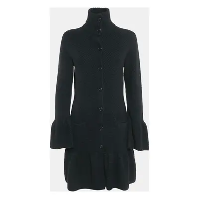 Ralph Lauren Black Cashmere Knit Ruffled Mid-Length Coat