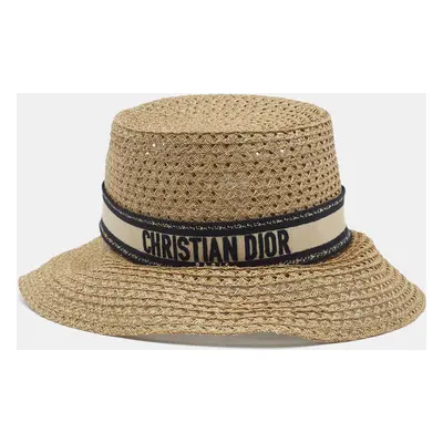 Christian Dior Brown Embroidered Band Straw D-Bobby Large Brim Hat