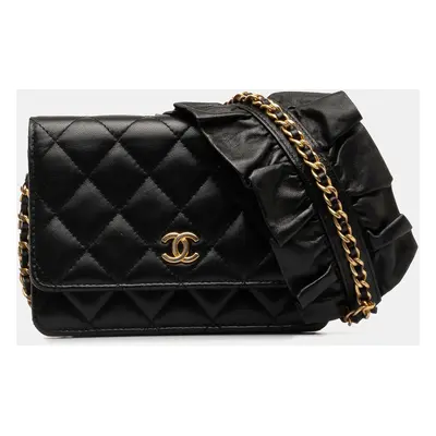 Chanel Black Lambskin Leather Romance Wallet On Chain