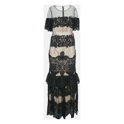 Monique Lhuillier Black Lace Short Sleeve Maxi Dress