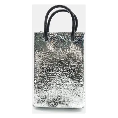 Balenciaga Silver Leather Shopping Phone Holder Bag