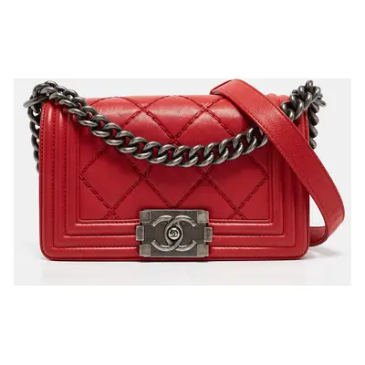 Chanel Red Double Stitch Leather Small Boy Flap Bag