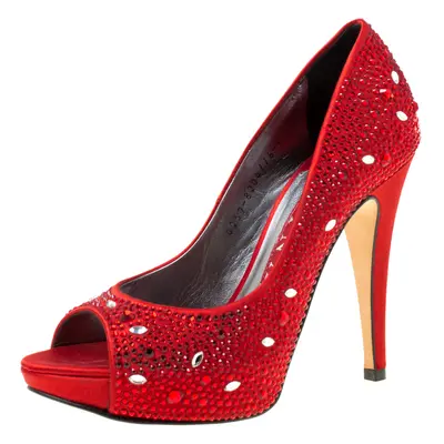 Gina Red Satin Crystal Embellished Peep Toe Platform Pumps Size