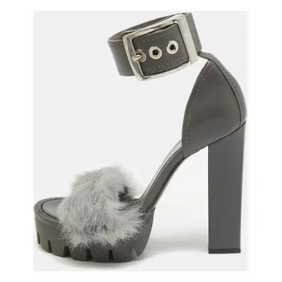 Alexander McQueen Dark Grey Leather and Fur Ankle Strap Sandals Size