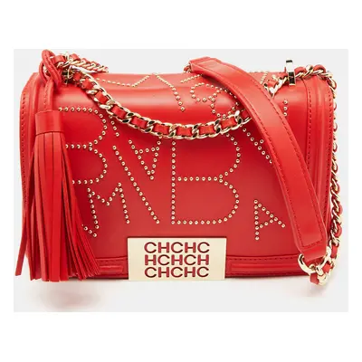 Carolina Herrera Red Leather Studded Bimba Shoulder Bag