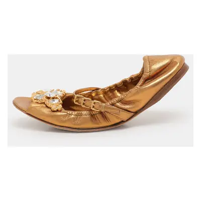 Miu Miu Gold Leather Embellished Scrunch Ballet Flats Size