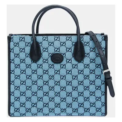 Gucci Black/Blue Leather, GG Canvas Shoulder Bag