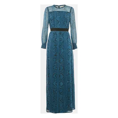 Burberry Blue Snake Print Silk Pleated Maxi Dress