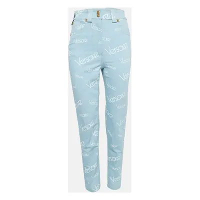 Versace Light Blue Logo All Over Print Denim Skinny Jeans Waist 27"