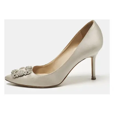 Manolo Blahnik Grey Satin Hangisi Crystal Embellished Pumps Size