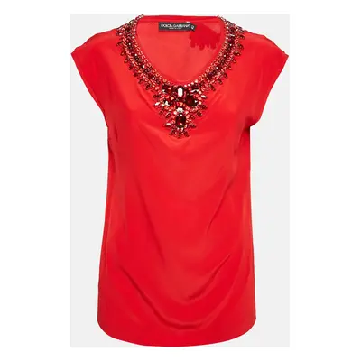 Dolce & Gabbana Red Rhinestone Embellished Silk Top