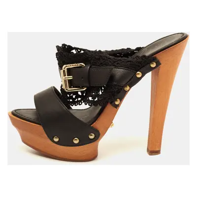 Le Silla Black Leather and Lace Wooden Platform Slide Sandals Size