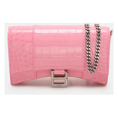 Balenciaga Pink Croc Embossed Leather Hourglass Wallet on Chain