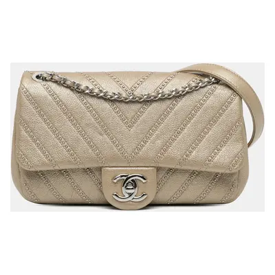 Chanel Gold Small Chevron Studded Calfskin Flap