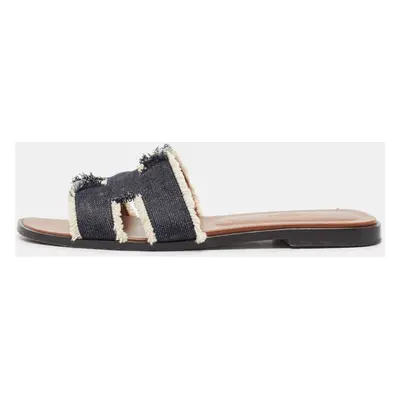 Hermes Navy Blue Denim Oran Flat Slides Size