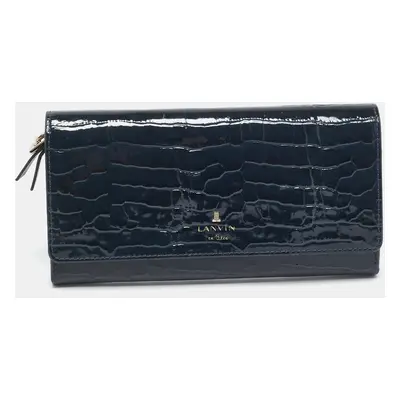 Lanvin Navy Blue Croc Embossed Patent Leather Continental Wallet