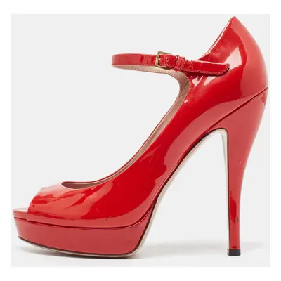 Gucci Red Patent Leather Peep Toe Platform Ankle Strap Pumps Size