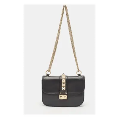 Valentino Black Leather Small Rockstud Glam Lock Flap Bag