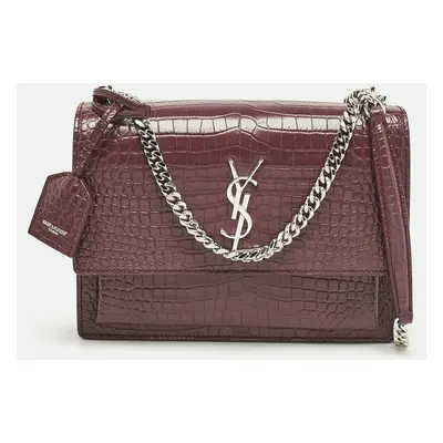 Saint Laurent Burgundy Croc Embossed Leather Sunset Shoulder Bag