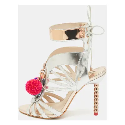 Sophia Webster Silver Mirrored Leather Yasmina Pom Pom Embellished Sandals Size