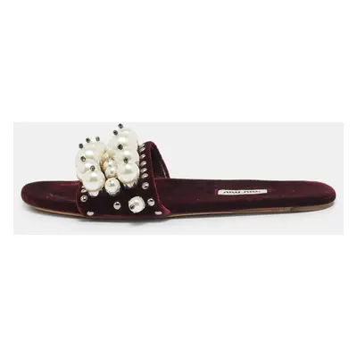 Miu Miu Burgundy Velvet Pearl Embellished Flat Slides Size