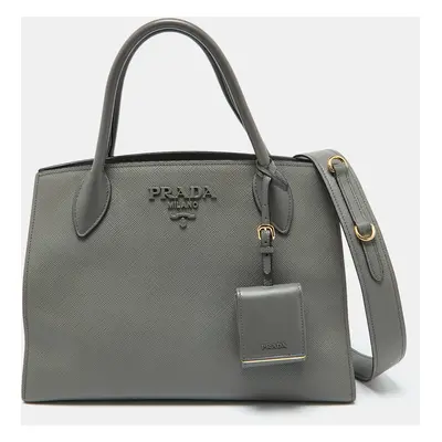 Prada Grey Saffiano Cuir Leather Monochrome Tote