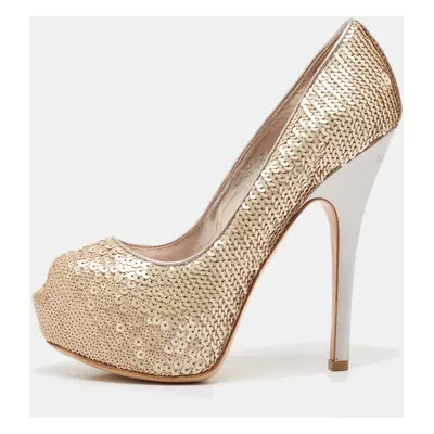 Louis Vuitton Beige Leather and Sequins Peep Toe Pumps Size