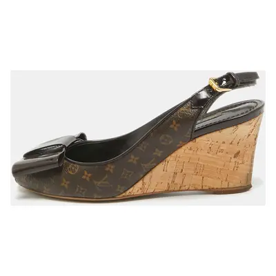 Louis Vuitton Brown Monogram Canvas and Patent Bow Rivoli Slingback Wedge Sandals Size 36.5