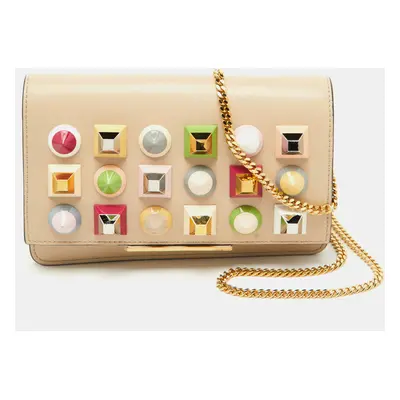 Fendi Beige Leather Studded Flap Wallet on Chain