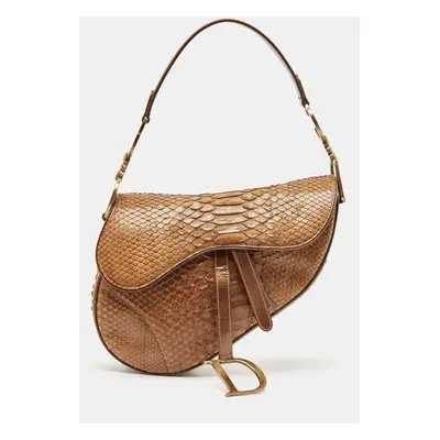 Dior Brown Glossy Python and Leather Saddle Bag