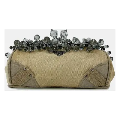 Prada Mistolino Natural Canvas Crystal Beaded Top Pochette