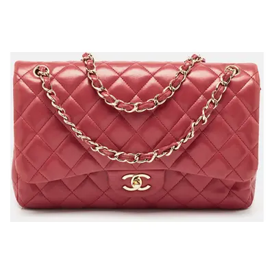 Chanel Red Quilted Lambskin Leather Jumbo Classic Double Flap Bag