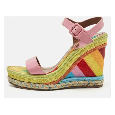 Valentino Pink Leather And Multicolor Chevron Wedge Ankle Strap Sandals Size