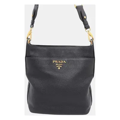 Prada Black Leather Logo Shoulder Bag