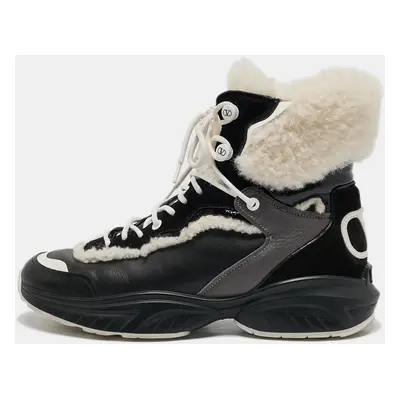 Valentino Black Leather and Shearling VLogo High Top Sneakers Size