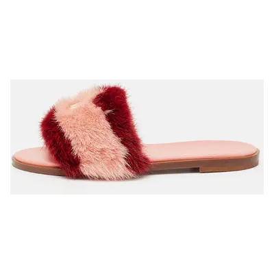 Louis Vuitton Pink/Red Mink Fur Lock It Flat Slide Sandals Size