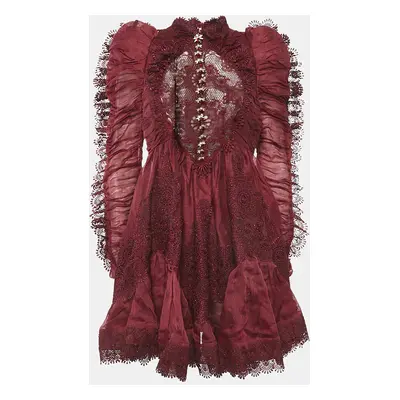 Zimmermann Burgundy Linen and Silk Lace Trimmed Mini Dress