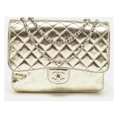 Chanel Gold Crackled Leather Clams Pocket Flap Bag