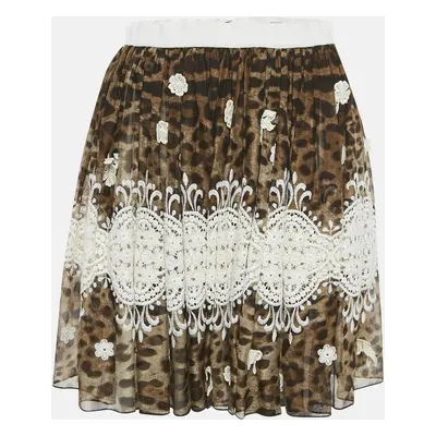 Dolce & Gabbana Brown Leopard Print Lace Trim Silk Mini Skirt