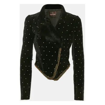 Roberto Cavalli Black Fur Trim Velvet Embroidered Jacket