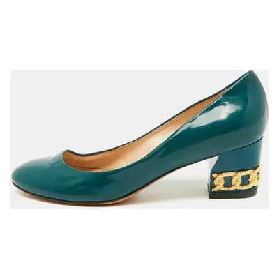 Casadei Teal Green Patent Leather Chain Block Heel Round Toe Pumps Size